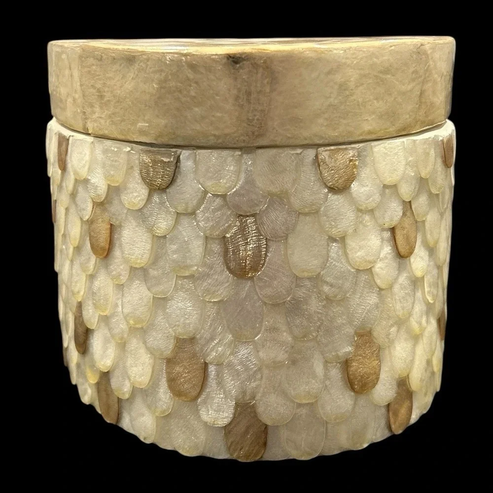 Vtg Unique Capiz Shell Oval Trinket Jewelry Makeup Box Nautical Beach Decor